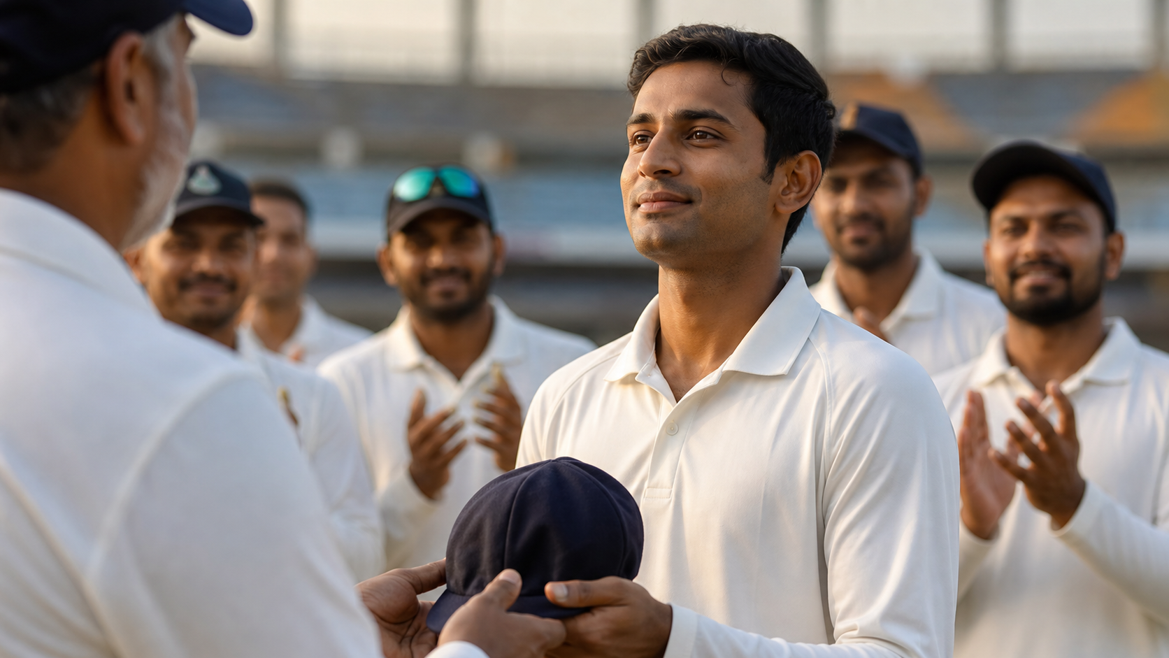 Generic Indian cricketer receiving a Test cap in a team huddle