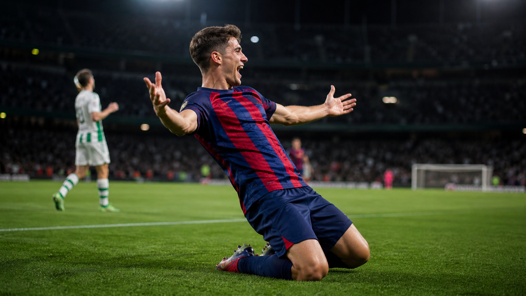 Generic footballer in blue and red stripes celebrating a goal