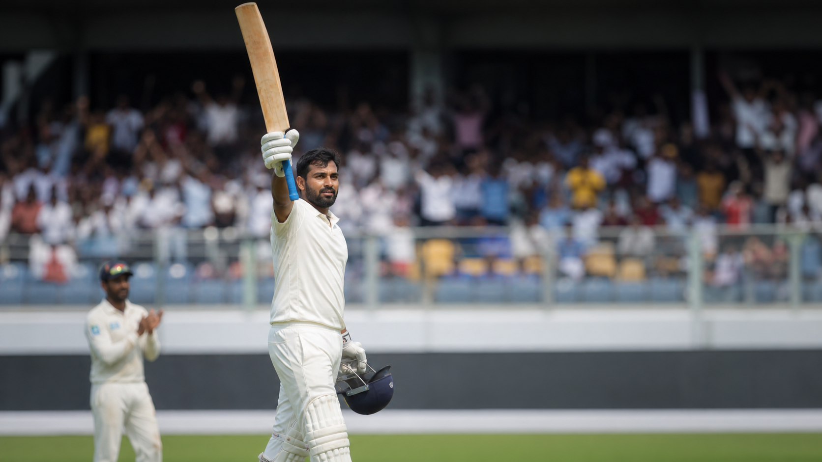 Generic Indian Test cricketer celebrating a century in a cricket stadium